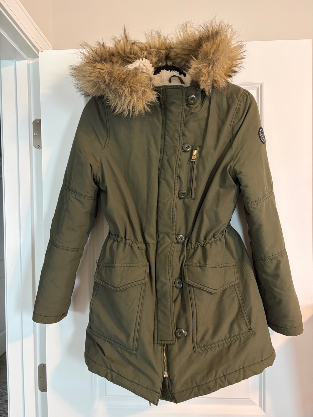 American Eagle Olive Green Sherpa Lined Hooded Parka Jacket Coat - Small